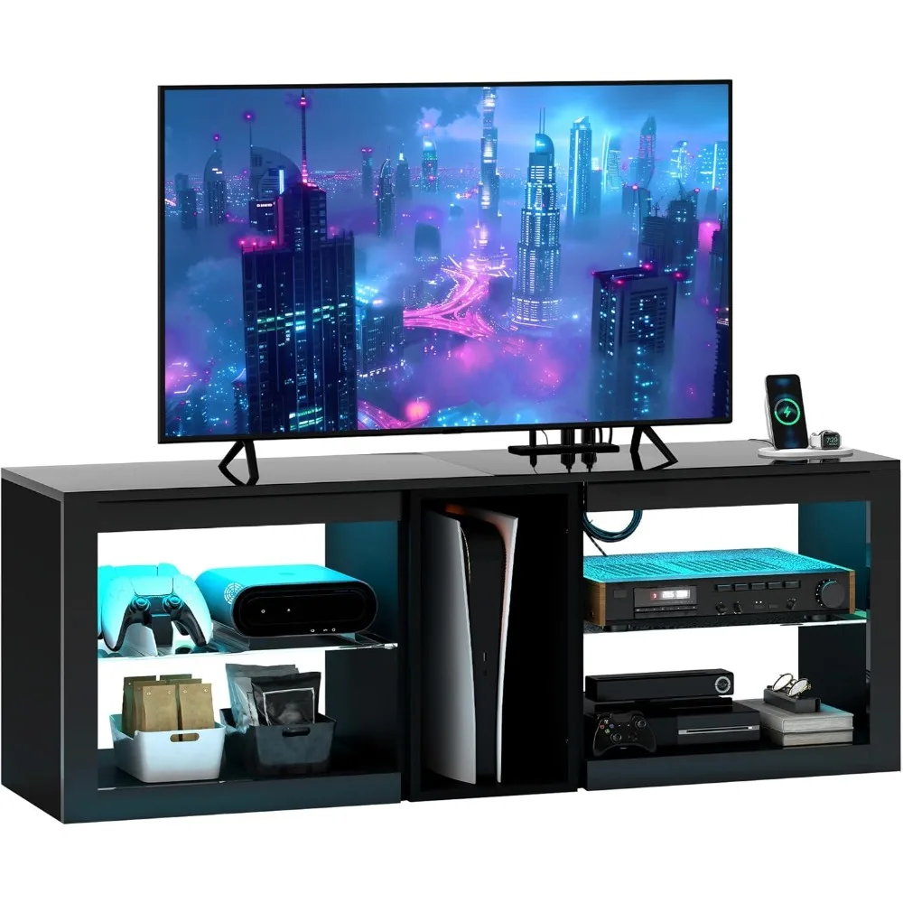 

Modern TV Stand with LED Lights and Power Outlets for 55 Inch TV, 51 High Gloss Entertainment Center with Adjustable