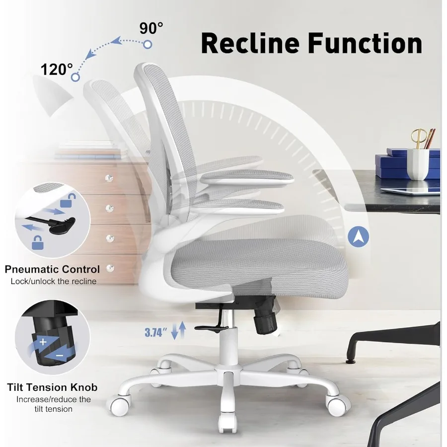 كرسي مكتب مريح مع دعم قطني قابل للتعديل كرسي مكتب منزلي شبكي مع عجلات وأذرع قابلة للطي باللون الرمادي لـ Enha