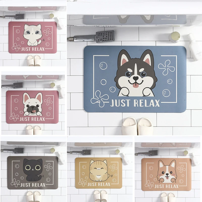 Cute Cat Non Slip Kitchen Bathroom Door Mat Diatom Mud Super Absorbent Home Carpet Waterproof Bedroom Rugs for Living Room Decor