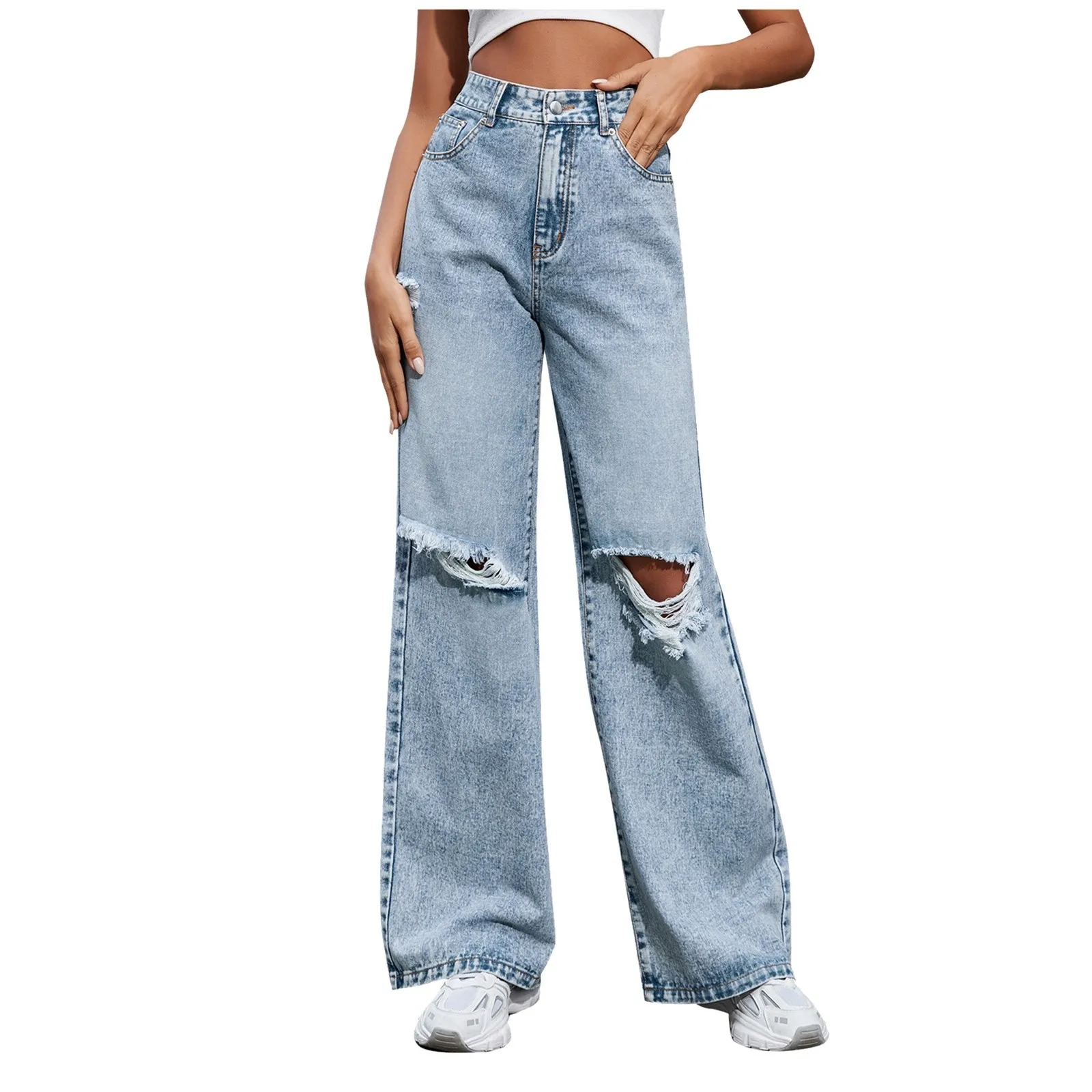 Eenvoudige rechte damesjeans, met scharniergespontwerp, losse stijl met hoge taille, modieuze casual jeans met zakken