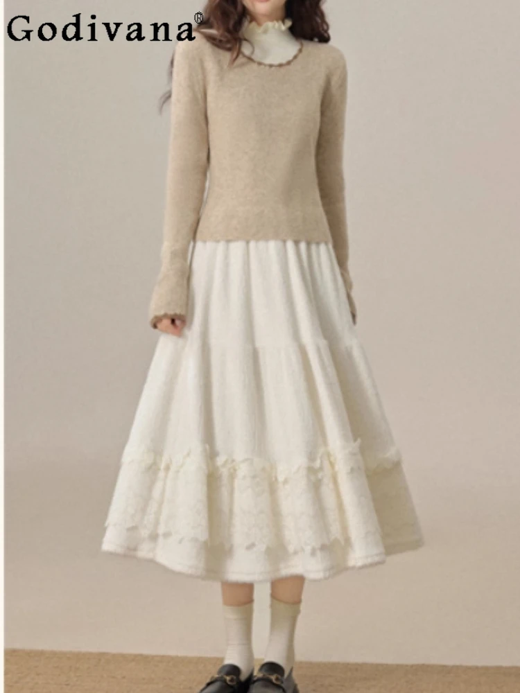 

Autumn Winter New Elegant French Gentle Apricot High Waist Skirt Sweet Girls A-line Fashion Versatile Age-reducing Cake Skirts