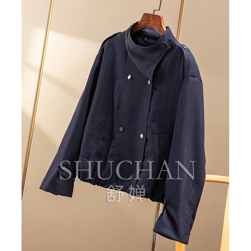 High-end Twilight Blue Early Autumn High-end Loose Stand-up Collar Jacket Denim Short Jacket Women's 98A3