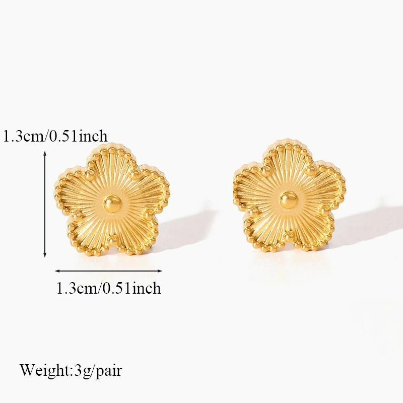 Stainless Steel Golden Plum Blossom Five Leaf Flower Stud Earrings For Women Fashion Waterproof Clover Jewelry Gift