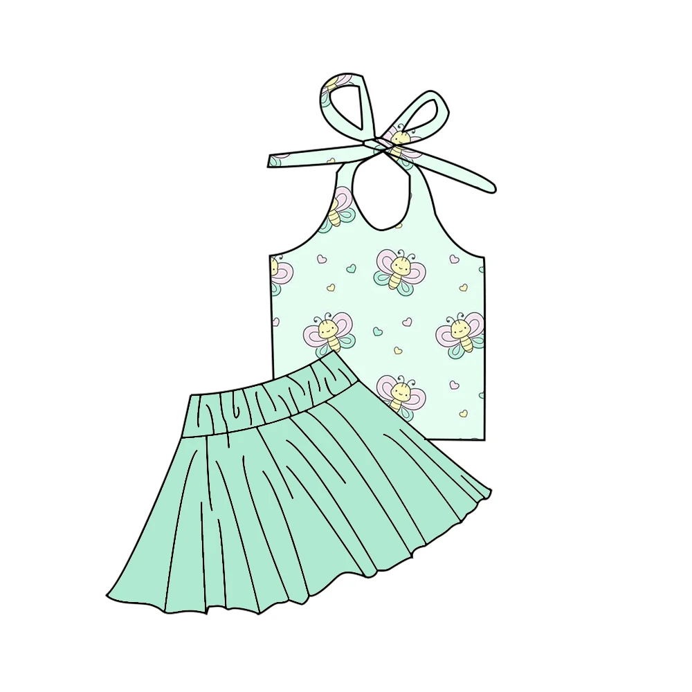 Halter neck top with tie-up design paired solid color mini skirt butterfly and flower print custom wholesale