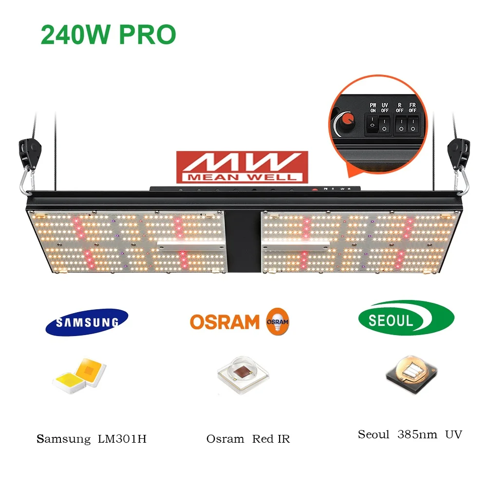 

Немецкая светодиодная лампа для растений высшего качества 240W LM301H с регуляторами UV и IR, полный спектр, для гроубокса 80x80 см, полный комплект