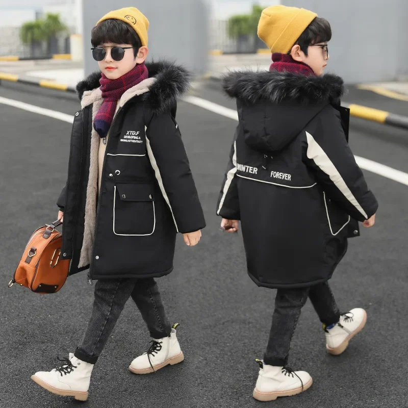 -30℃ 2024 Winter Boys Jacket Plush Thick Cold Prevention Solid Color Hooded Down Cotton Windbreaker Coat For 4-14 Years Old Kids