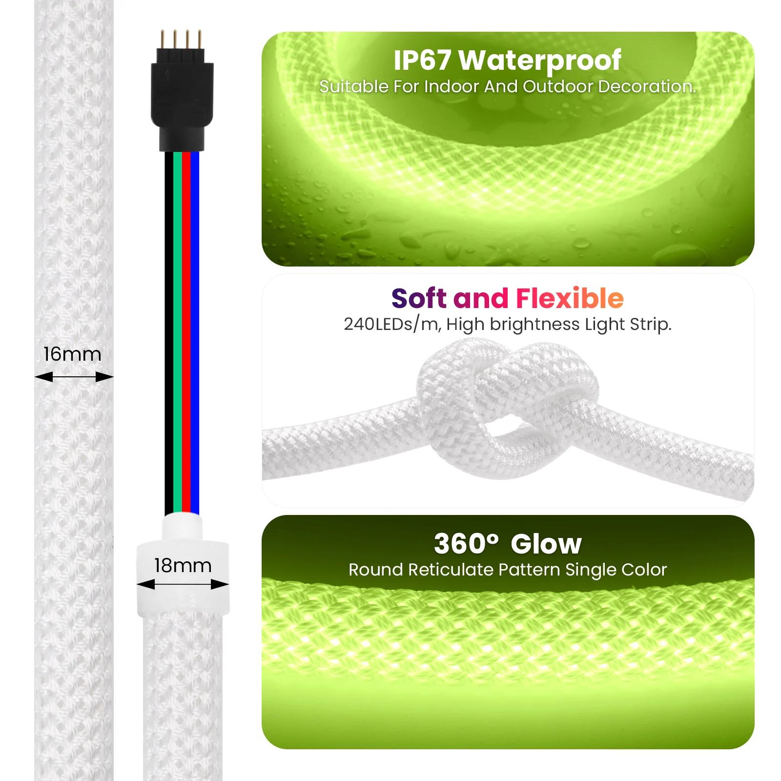 RGB 360 Round LED Neon Strip Light 24V 240LEDS/M Waterproof Flexible Mesh Nylon Rope Light Room Home Decor 1m 2m 3m 4m 5m 10m