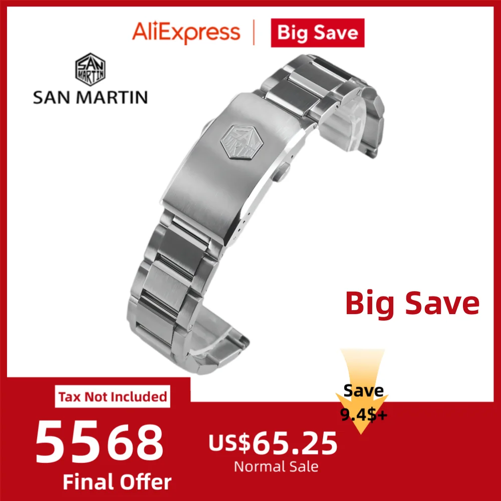 

Ремешки для часов San Martin Oyster 20 мм 22 мм, прямые концы, браслет, твердая нержавеющая сталь 316L, универсальный водонепроницаемый браслет с 3 звеньями BD0007