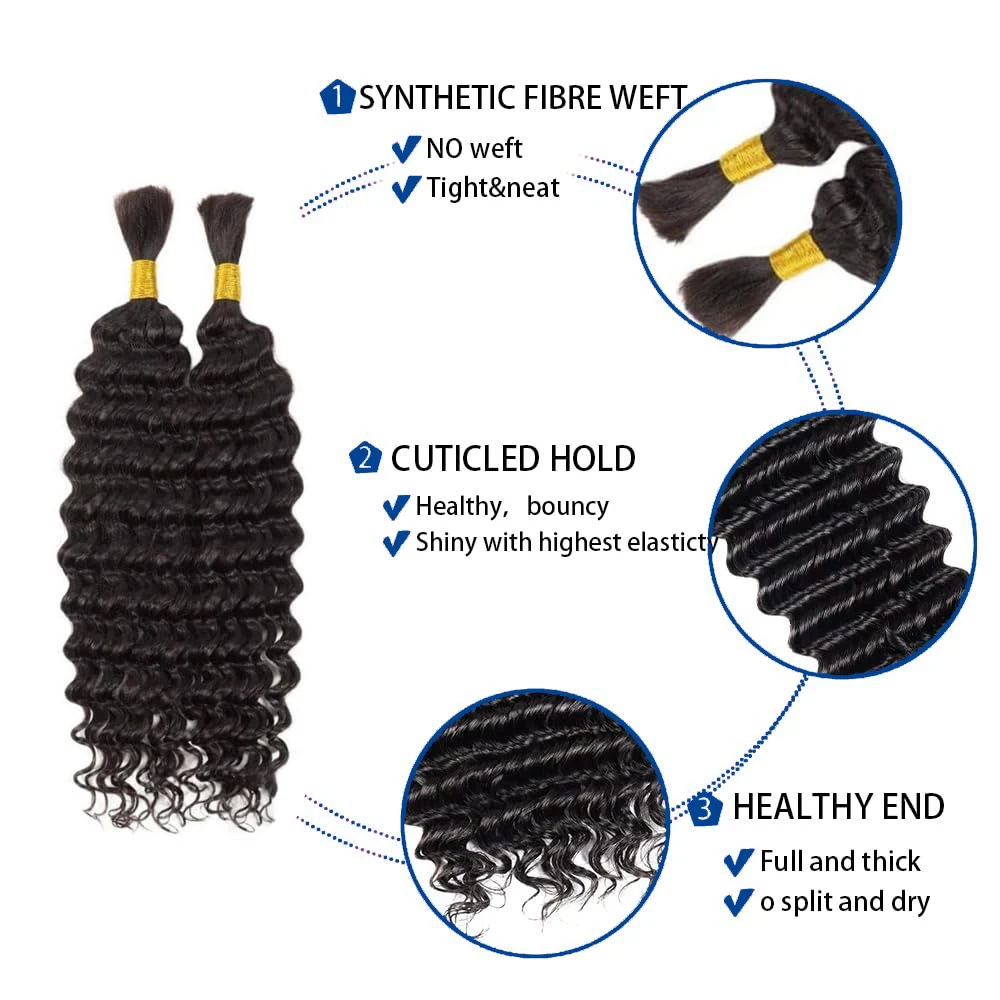 Extensiones de cabello humano 100% rizado profundo para trenzar, mechones de cabello brasileño, ondulado al agua, sin trama, a granel para trenzar