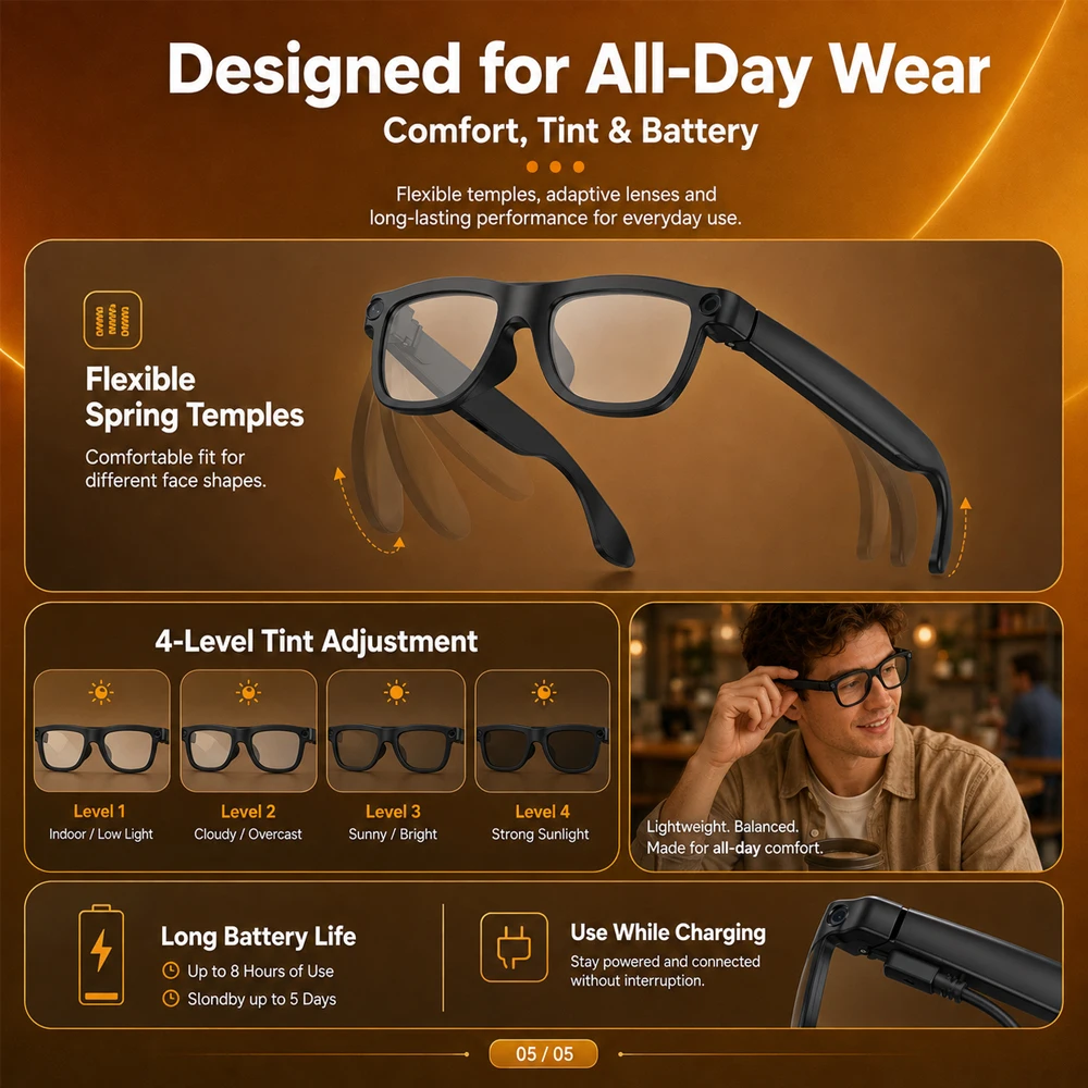 AI Smart Glasses AI Translation Audio and Video Smart Calls Real-time Translation Anti-shake 1080P Electrochromic Smart Glasses