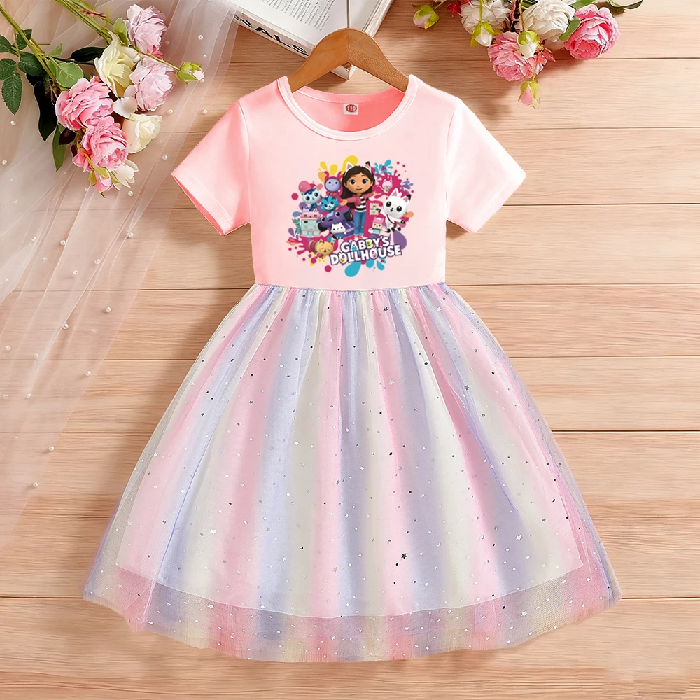 Kids Clothes New Summer Short Sleeves Princess Dress Children For Cute Dress Baby Girls Birthday Party Rainbow Clothing 2-8T