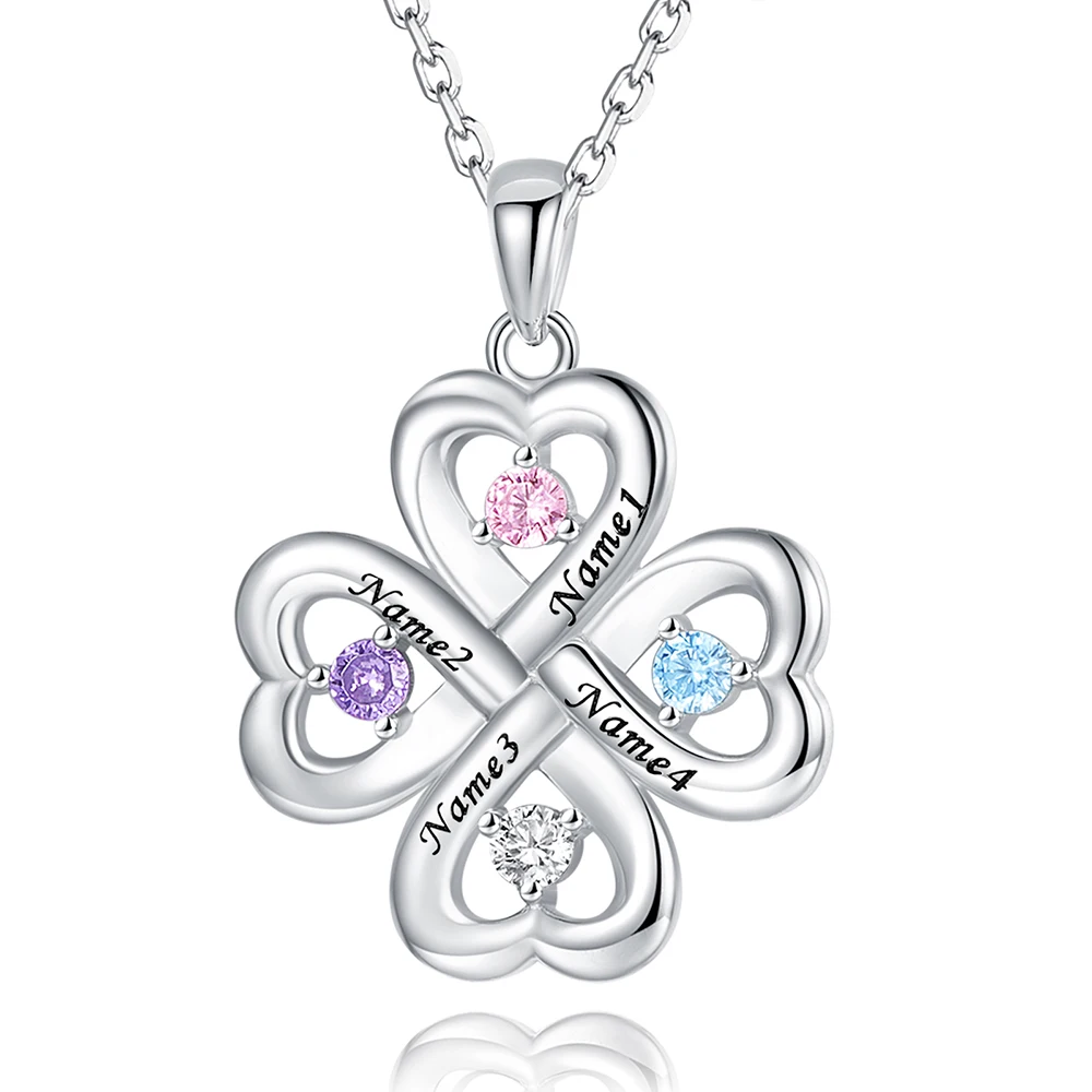 925 Sterling Silver Personalized Four Leaf Clover Necklace Customized Birthstone&Name Jewelry Birthday Gifts for Women Friends