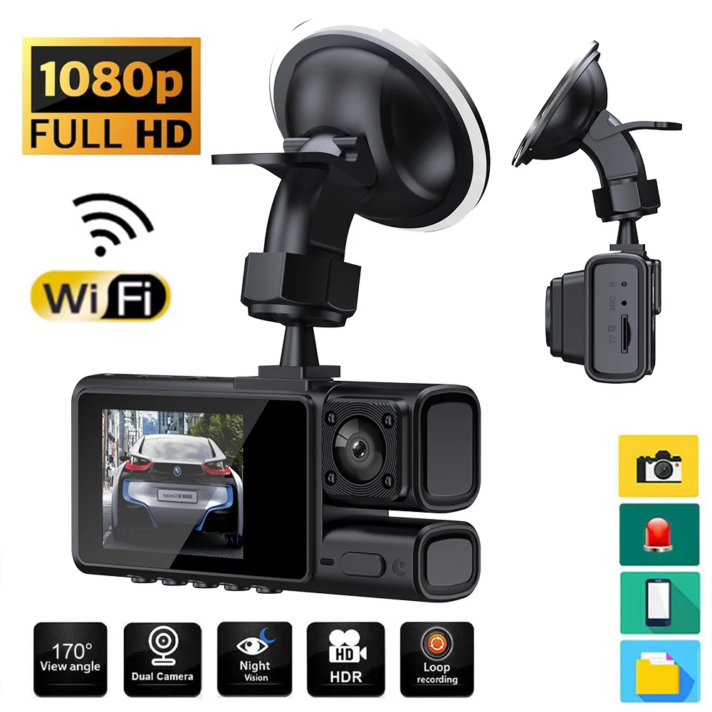 1080P Car Dash Cam 3Channel Front Rear Inside Camera WiFi Car Driving Video Recorder Loop Recording 24H Parking Monitor Car DVR