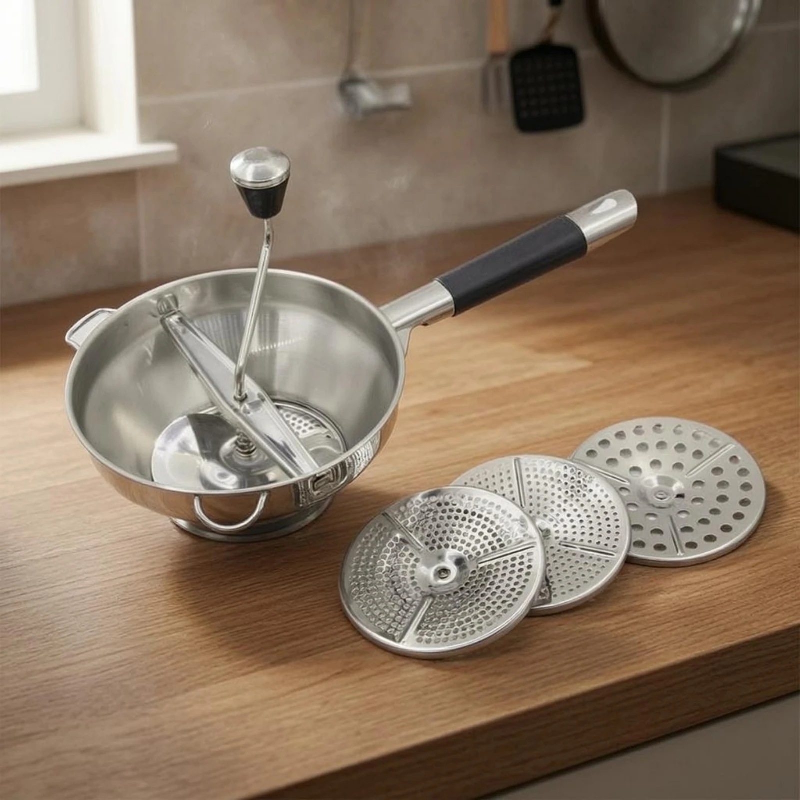 

Food Mill with 3 Discs Perforated Handheld Food Mill Puree Processor Silicone Grip Kitchen Tool Fine Medium Coarse Textures