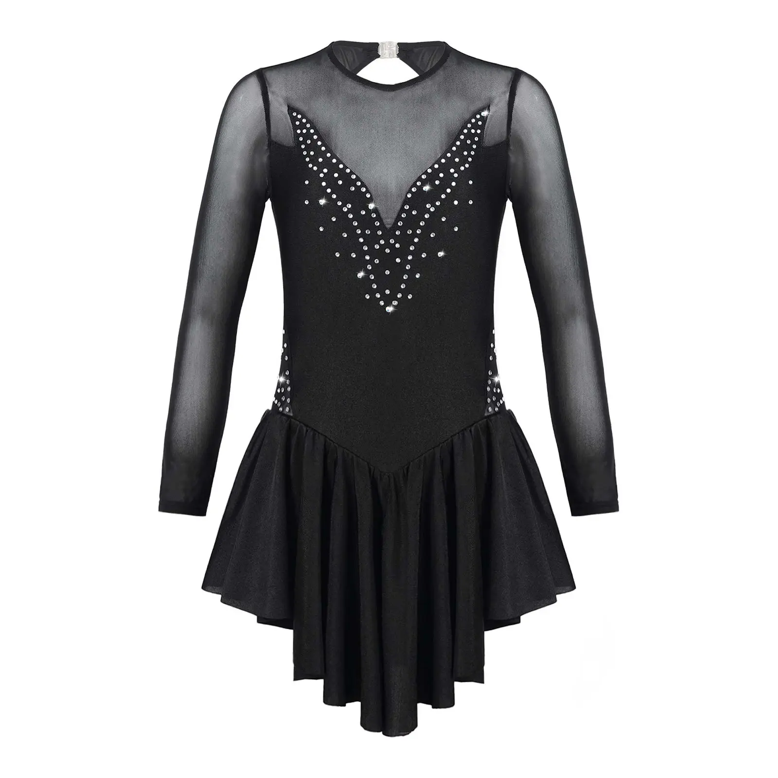 Girls Long Sleeve Figure Skating Clothes Shiny Rhinestone Ballet Dance Gymnastics Leotards Dress Sheer Mesh Patchwork Dancewear