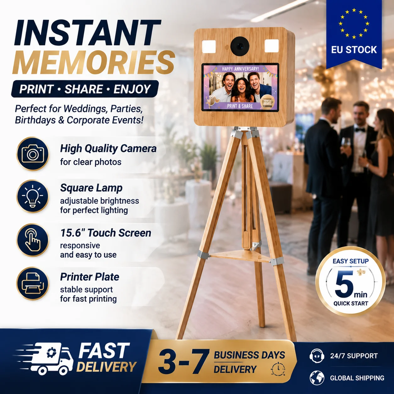 2026 Modell Tragbare 15,6-Zoll-Fotobox mit Holzoptik und Touchscreen für Selfies, Ideal für Hochzeits- und Partyvermietung