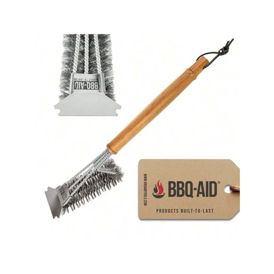 【Новый стиль】Щетка для гриля BBQ-AID All Angles, для очистки всех углов, с большой деревянной ручкой и щетиной из нержав