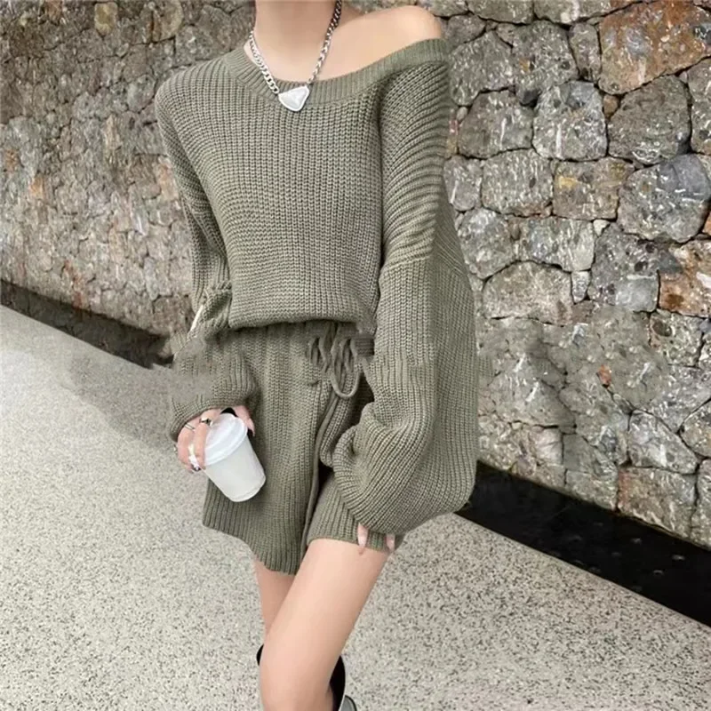 NEW Chic Autumn Winter Crew Neck Knitted Long Women Wide-leg Sleeved Jumpsuit Shorts Drawstring Rompers Slim Korean Outfit