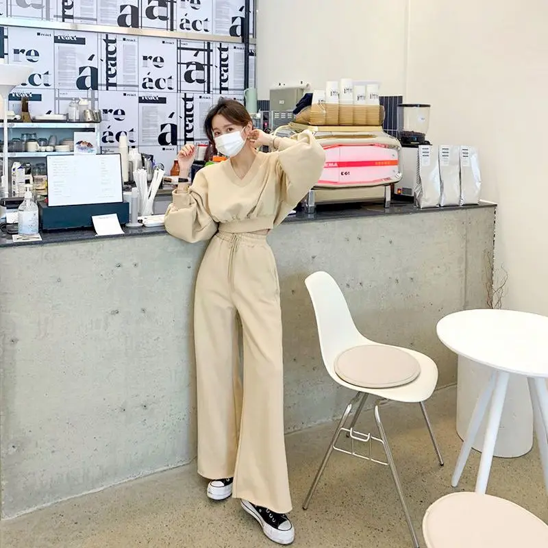 Womens Sportswear Suits Cotton Autumn Korean Loose Lantern Sleeve Pullover Casual Straight Leg Pants Two Piece Sets Sports Set