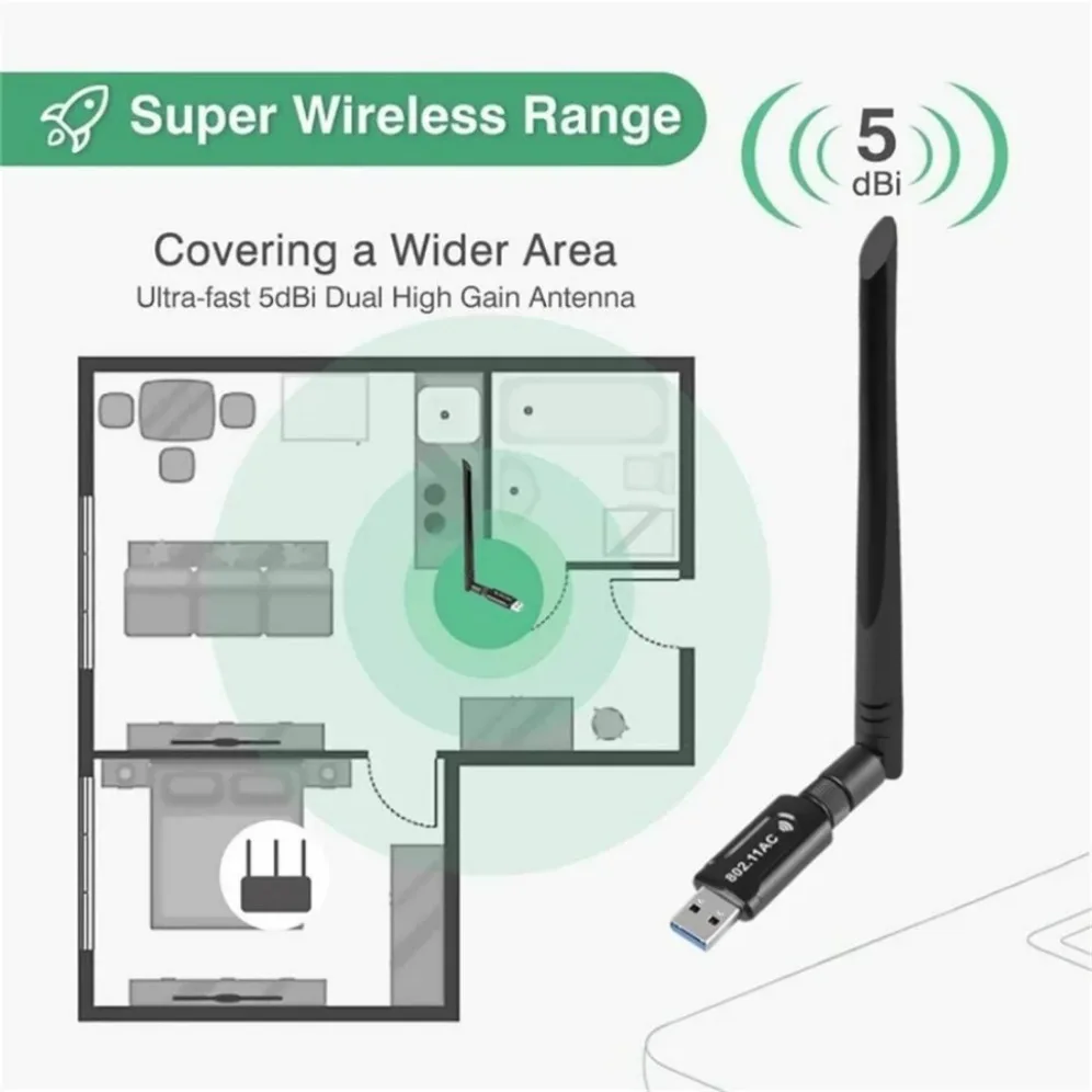 Dual Band USB WiFi Adapter, 2.4GHz, 5GHz, USB, placa de rede sem fio com antena, AC 1200Mbps, receptor para computador PC