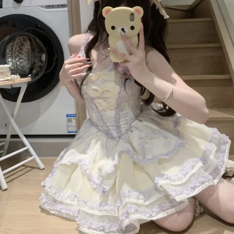 Sukienki Lolita z Kokardą i Kwiatami Y2K Gorset Fairycore Koronka JK Fioletowe Bez Rękawów Vintage Księżniczka Cosplay Strój Dziewczęce Sukienki w Kształcie Litery A Nowe