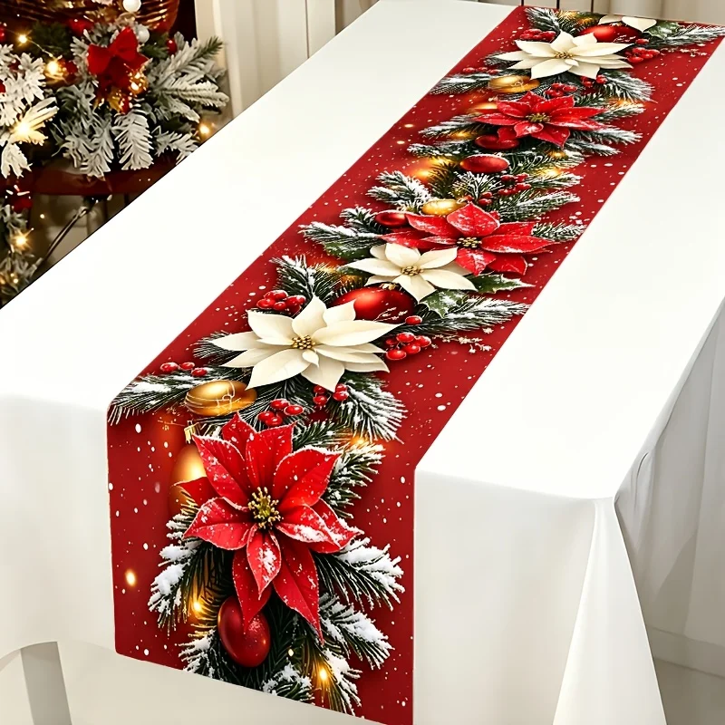 Christmas Table Runner Red White Poinsettia Flower Pine Needle Baubles Garland Holiday Dining Winter Home Party Table Decor