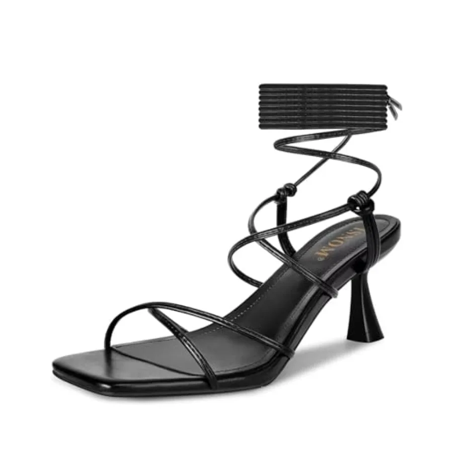 

ISNOM Strappy Sandals for Women Kitten Heels Lace Up Heels Stiletto Heels Wrap Around Heels with Square Toe