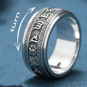 Buddha Ring 100% Real 925 Silver Vintage 2024 Jewelry Men Women Letter Rotatable Ethnic Heart Sutra Mantra Statement Ring