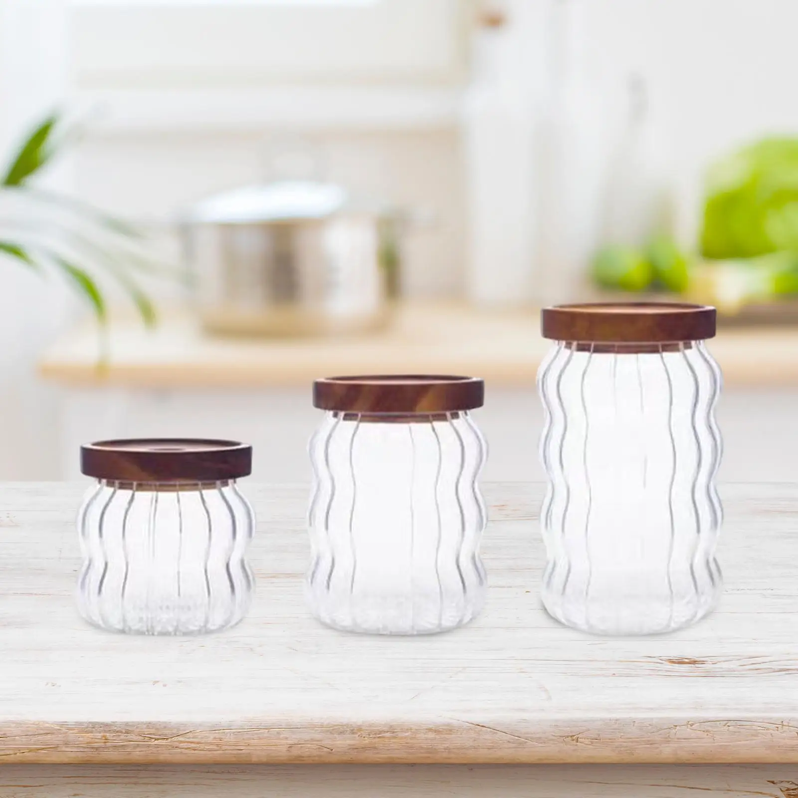 

3x Glass Jars with Wood Lids Kitchen Canisters for Flour Matcha Tea Sugar