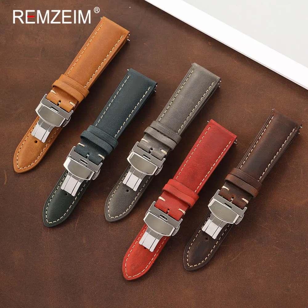 Premium Vintage Crazy Horse Leather Watch Strap for Men Quick-Release Butterfly Deployment Buckle 18/20/22mm Sizes