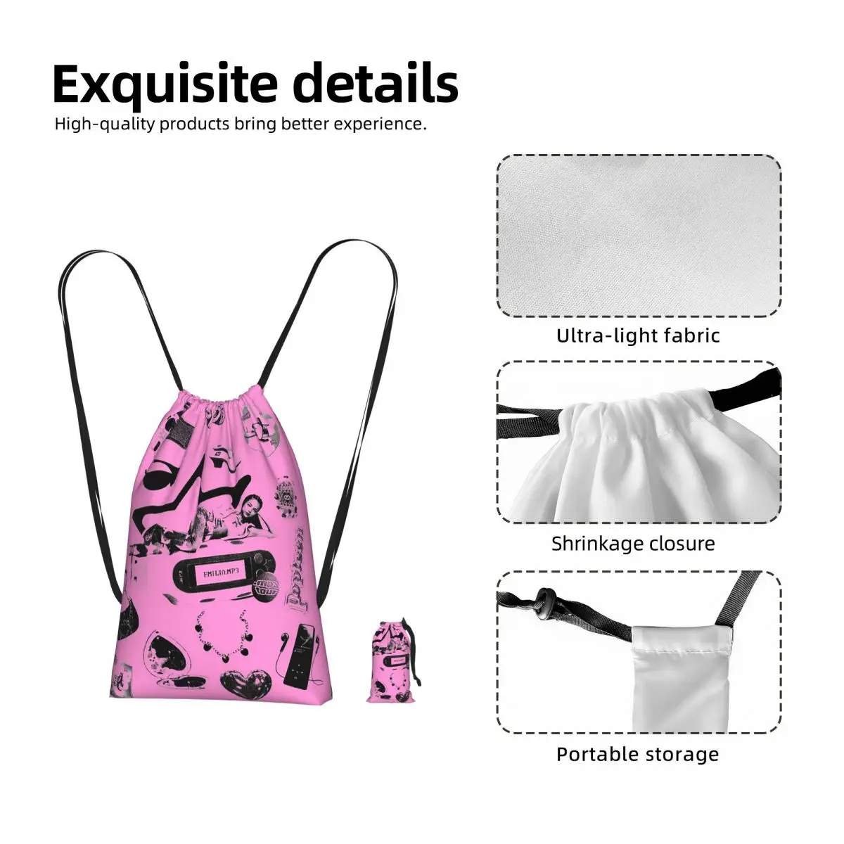 Emilia Mernes Y2k Elements Drawstring Backpack Sports Gym Bag Lightweight Foldable Storage Drawstring Bag for Men Women