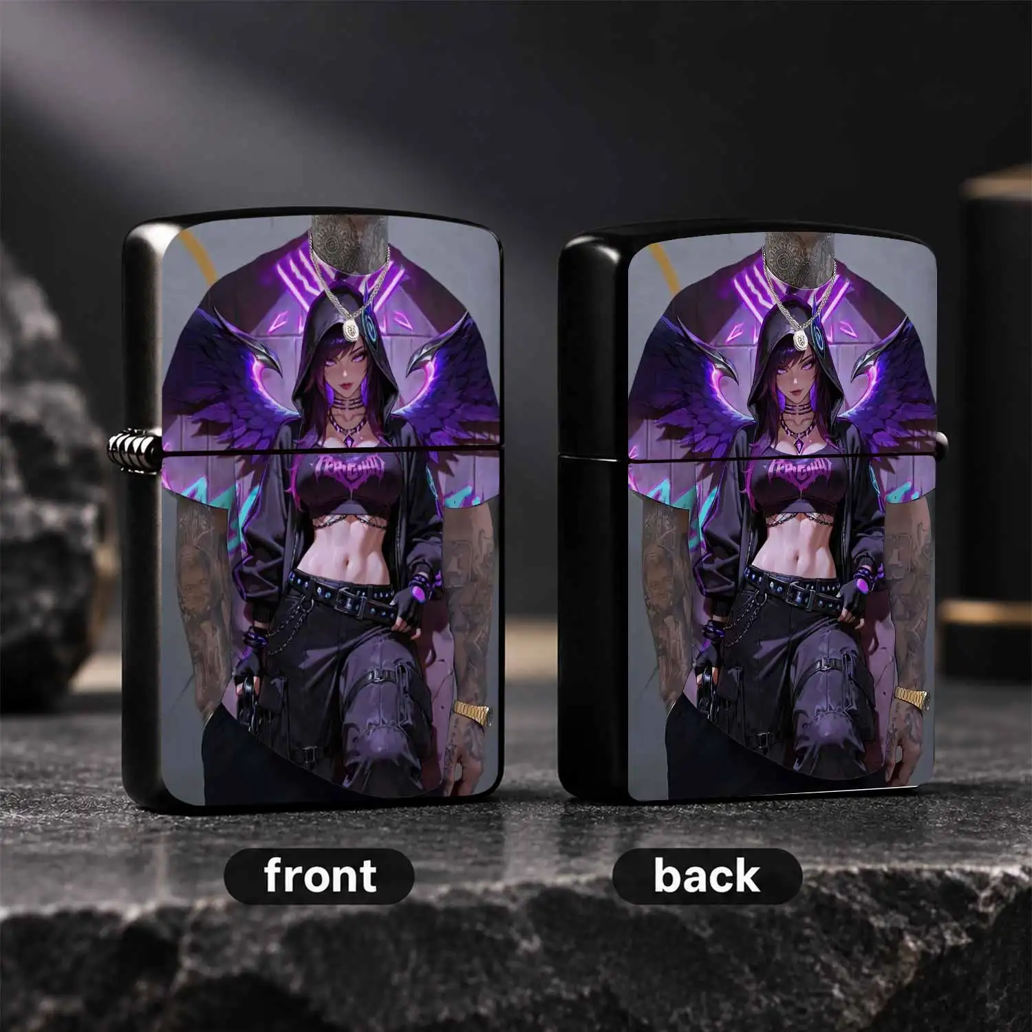 TrendyPurple Wing Anime Girl Print Lighter, Cool Neon Dark Pattern Design, Perfect for Daily Travel, Gatherings, Gifting & Personal Use, Fits All Scenarios to Show Your Unique Aesthetic Taste  A Humorous And Interesting Lighter