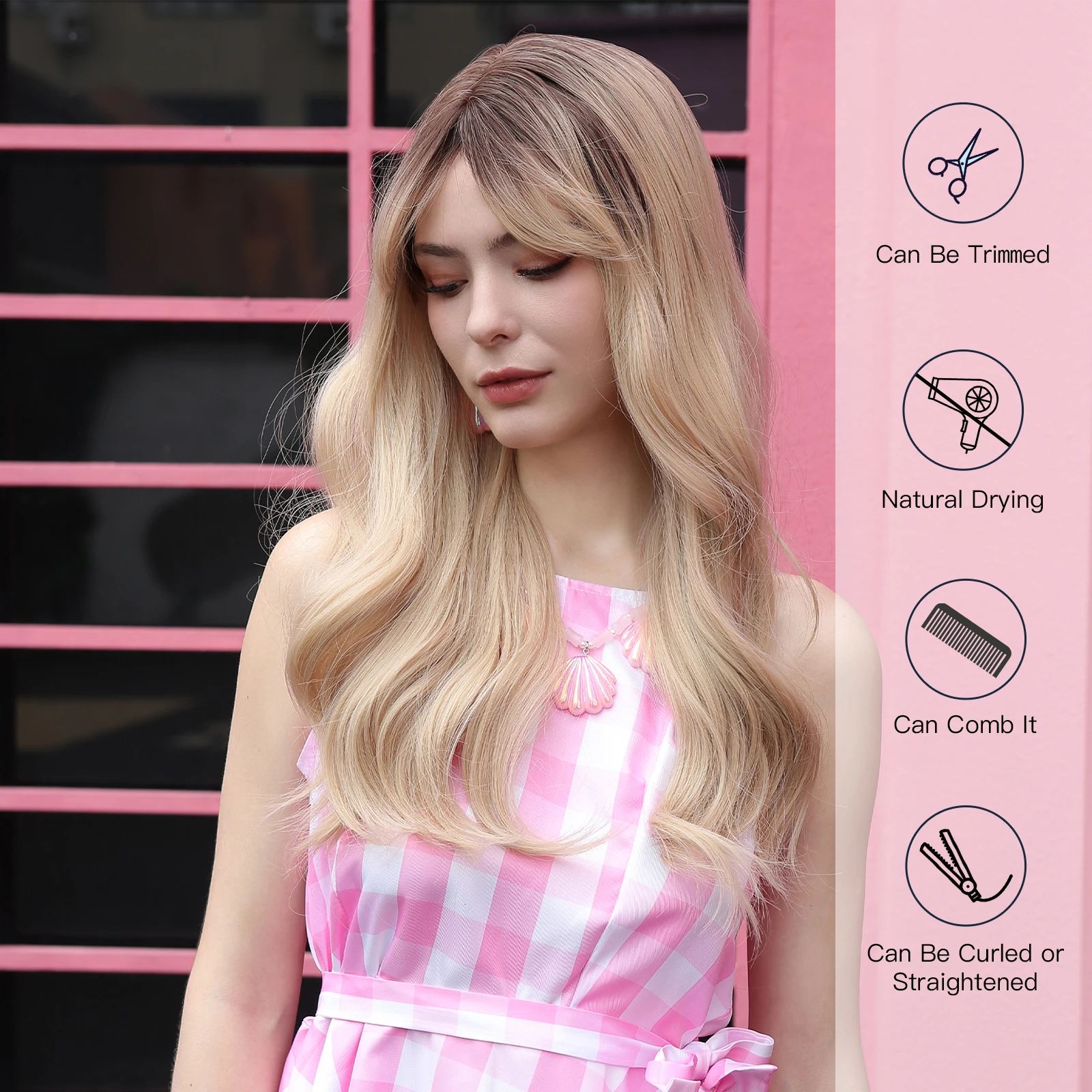 HAIRCUBE Long Wavy Synthetic Wigs Blonde Ombre Dark Roots Wigs for Women With Bangs Natural Heat Resistant Fiber Wig Daily Party