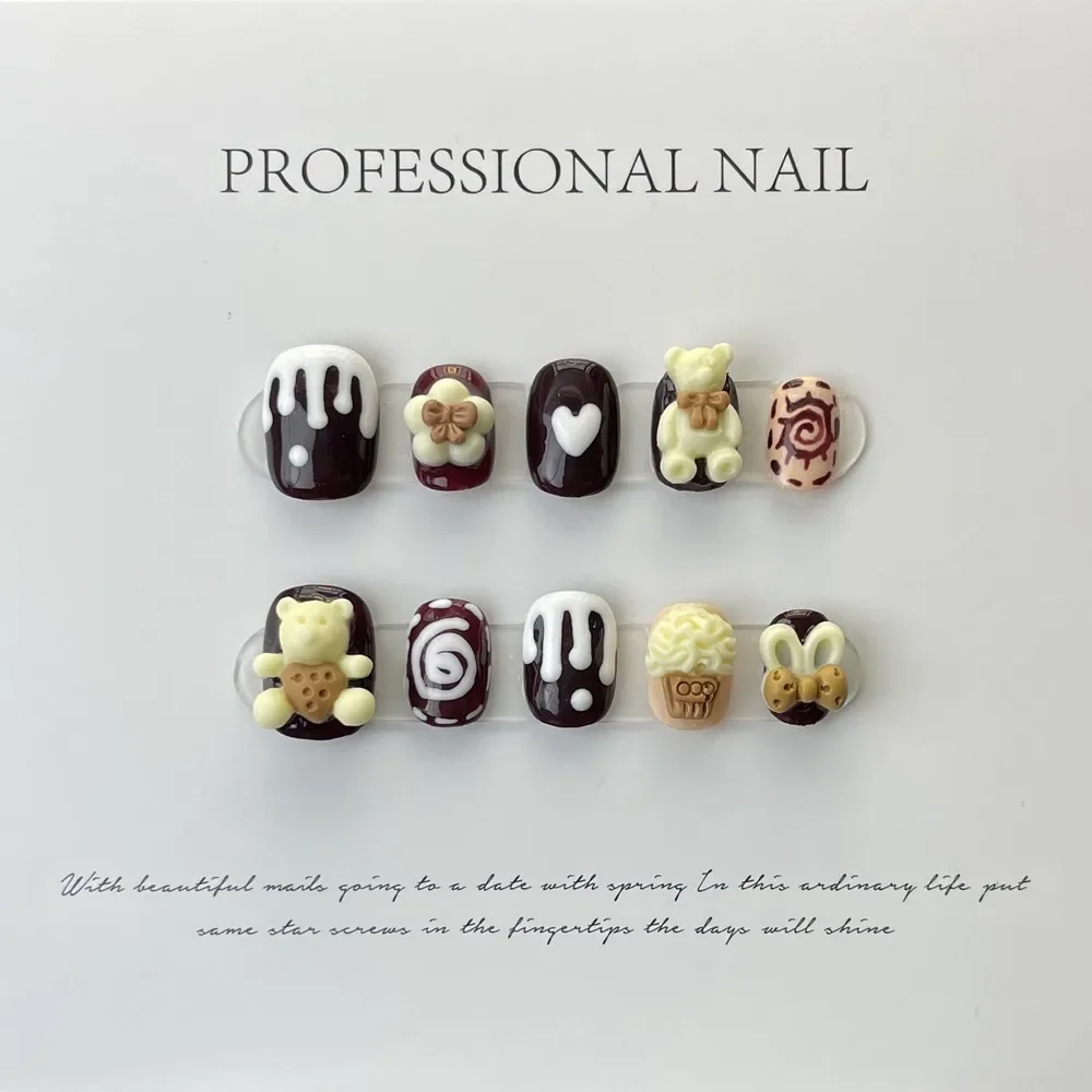 

Handmade Short Bear Press on Nails with 3D Design Japanese Reusable Adhensive False Nails Artifical Full Cover Nail for Girls