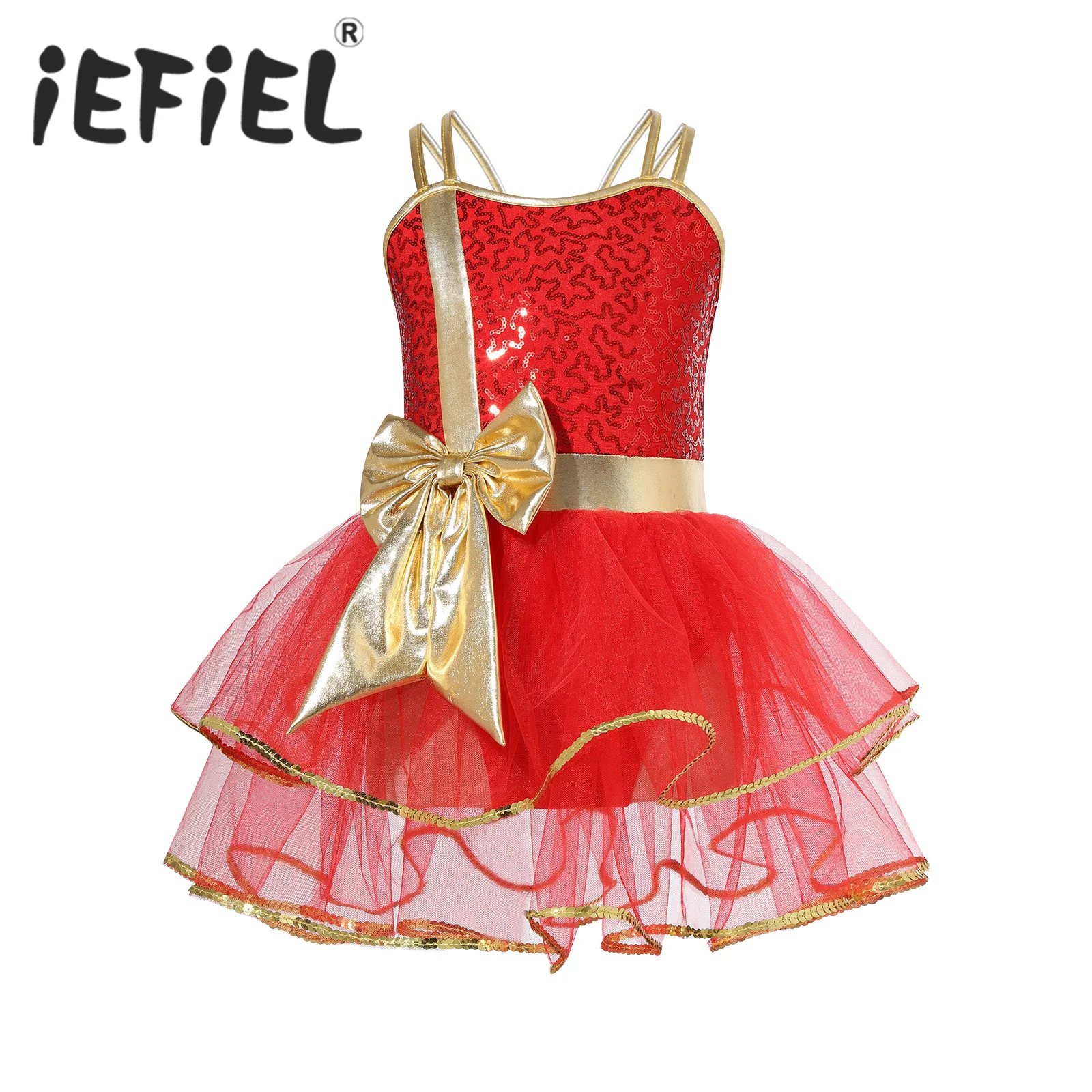 

Kids Girls Christmas Dance Tutu Dress Shiny Sequins Bow Leotard Dress for Xmas Santa Clause Cosplay Costumes Party Performance