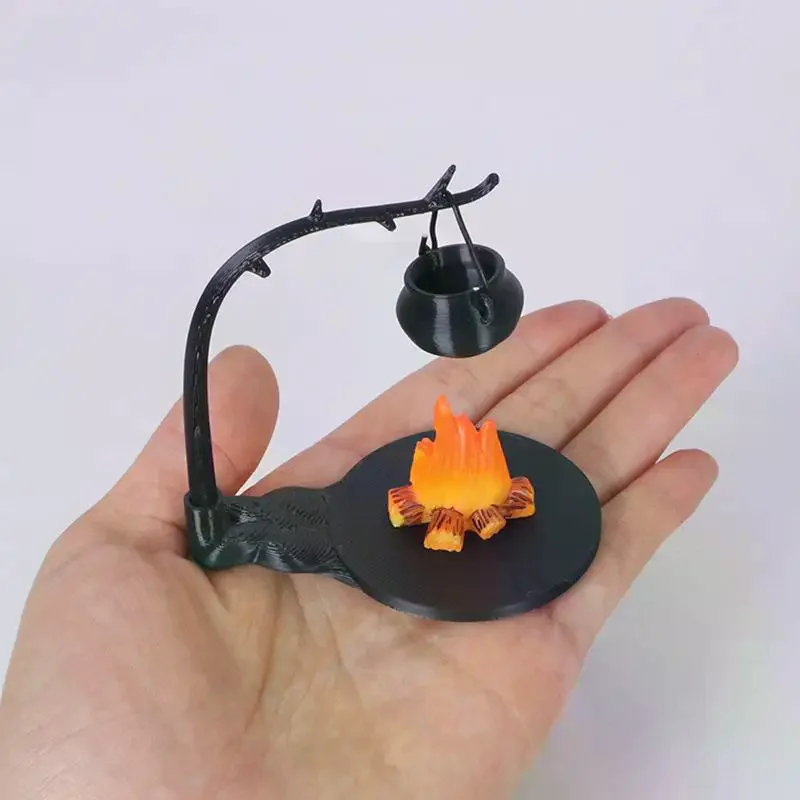 4 pçs acampamento ao ar livre micro paisagem decoração casa de boneca mini fogão pendurado e pilha de fogo cena acessório