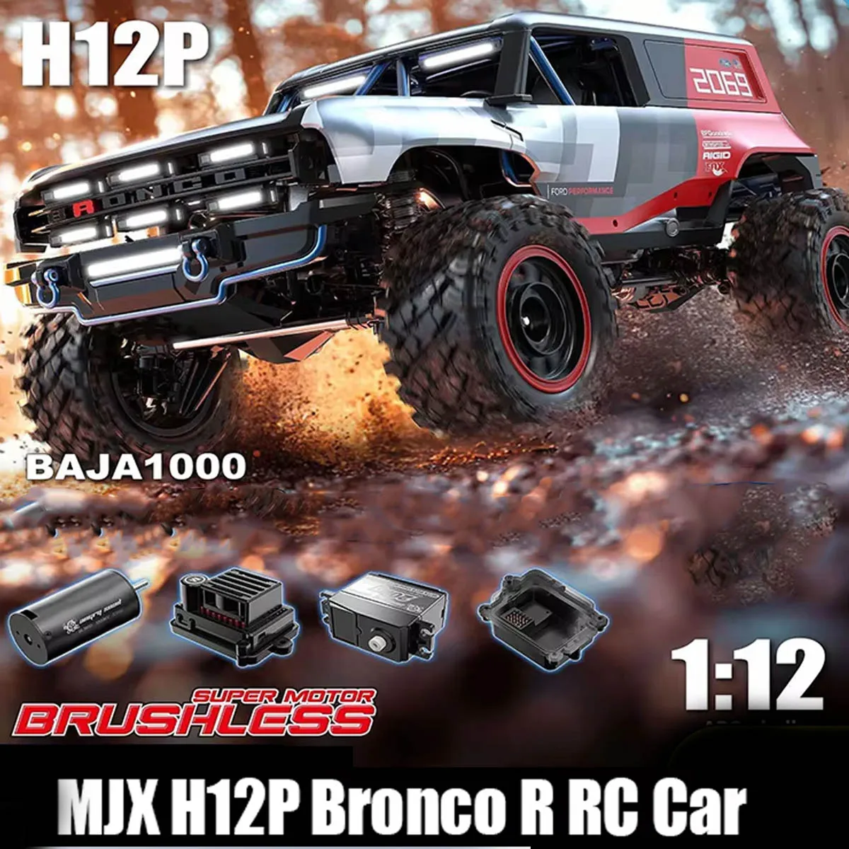 

1/12 MJX Hyper Go H12P Радиоуправляемый автомобиль 4WD Бесщеточный Bronco Baja Внедорожные гонки 12 км/ч Monster Truck Альпинистский дрифт RC Автомобиль