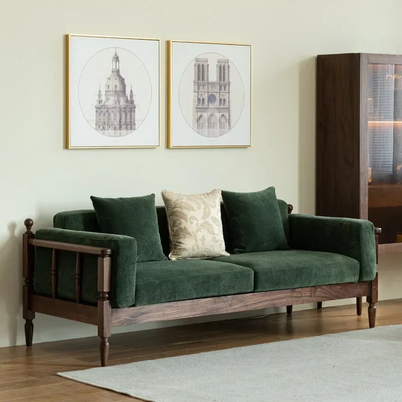 أريكة من الخشب الصلب الاسكندنافي في أمريكا الشمالية، غرفة معيشة من خشب الجوز الأسود، شقة صغيرة تتسع لثلاثة أشخاص، قماش حديث بسيط، أخضر قديم