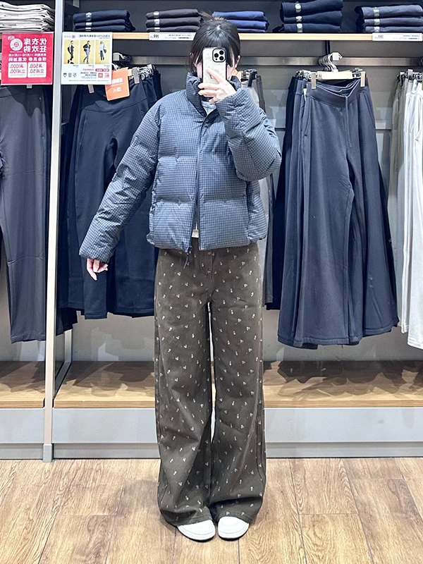 

Женские джинсы с высокой талией, свободного кроя, с цветочным принтом, коричневые, осенне-зимние, новые, широкие штанины, повседневные, удобные