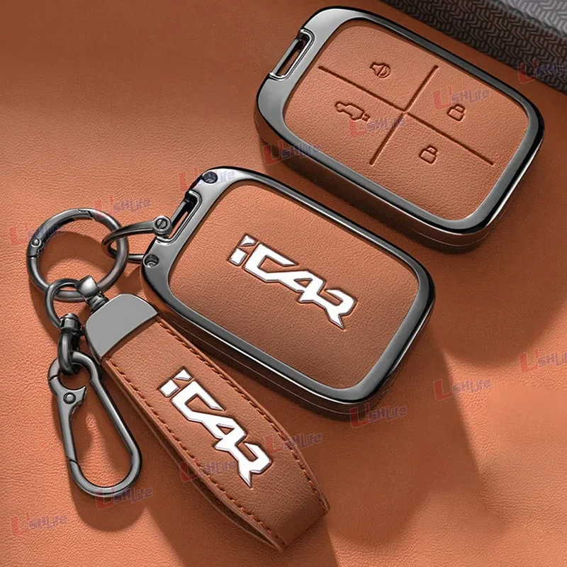 

for Chery Icar ICAR V23 2025 2026 Alloy Leather Key Case Car Smart Key Case Cover Keyless Remote Case Keychain Car Accessories
