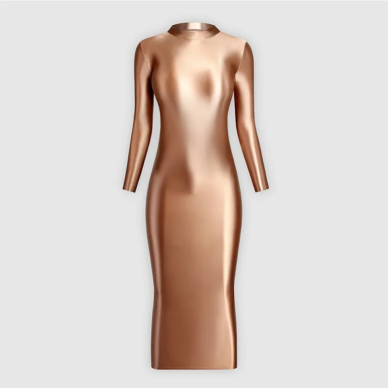 فستان مثير لامع ولامع عالي الخصر مع قماش مرن وناعم، تنورة من قطعة واحدة، بلوزة طويلة، فستان طويل