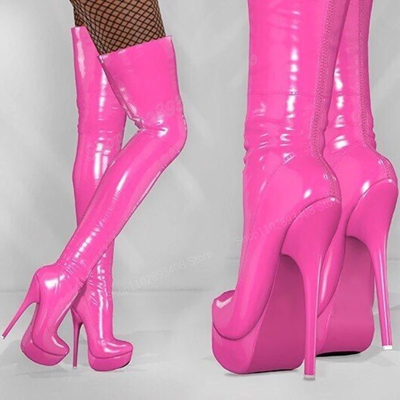 

Sexy Rose Red Patent Leather Thigh High Boots Platform Round Toe Thin High Heel Women Shoes 2023 Fashion New Zapatos Para Mujere