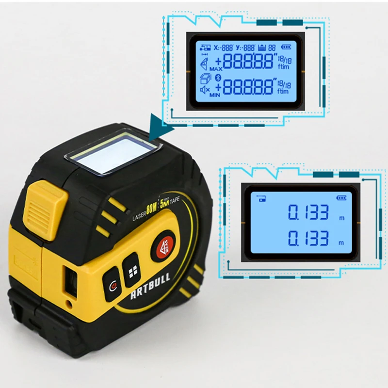 2in1 Multifunction Laser Rangefinder Rechargeable 80m 40m with 5m Tape LCD Display with Backlight Laser Tape Measure