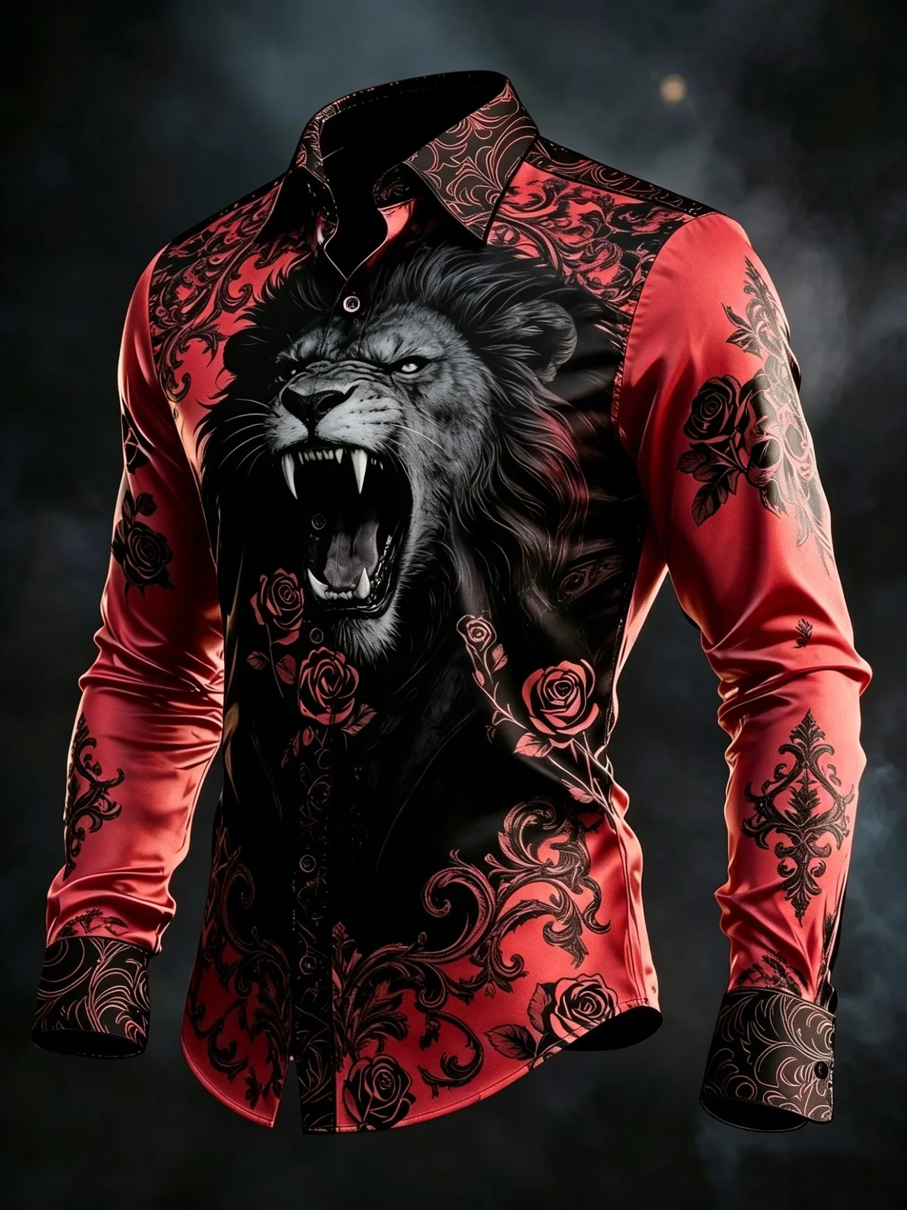 New Retro Bordered Shirt Solid Color Wine Red Shiny Satin Front Cuff Art 3D Printed Long Sleeve Shirt Clothing