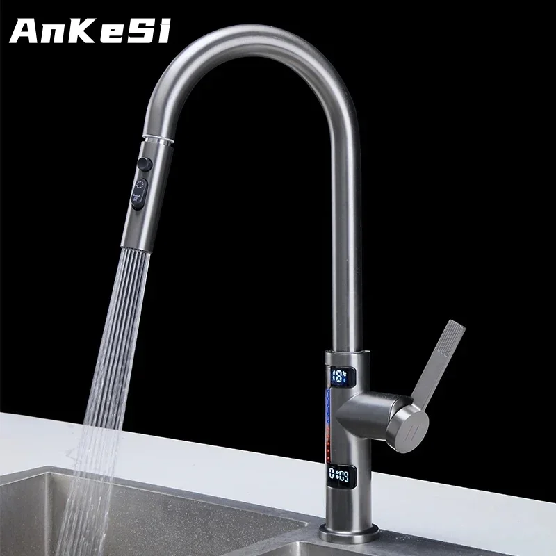 

LED Intelligent Water Temperature Display Kitchen Faucet Hot and Cold Water Outlet Kitchen Sink Faucet Gun Grey Sink Faucet