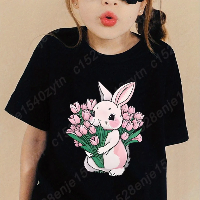 Cute Rabbit Flower Print T-shirt Summer Casual Short Sleeve Round Neck T-Shirt Fashion Children Girls Solid Color Tops Soft Tees