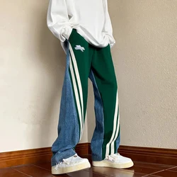 Mens Y2K Tracksuits Denim Drawstring Casual Pants Street Straight Pants Unisex Fashion Stitching Contrast Jeans Hip-Hop Trousers