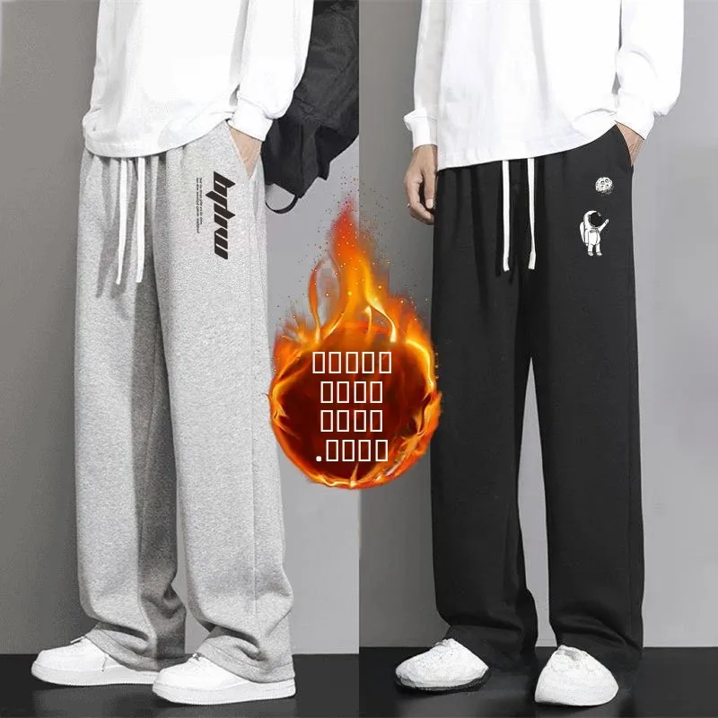 

Мужские повседневные брюки прямого кроя на флисовой подкладке с эластичным поясом, с принтом, теплые, больших размеров, модные, универсальные, осенне-зимние, новинка