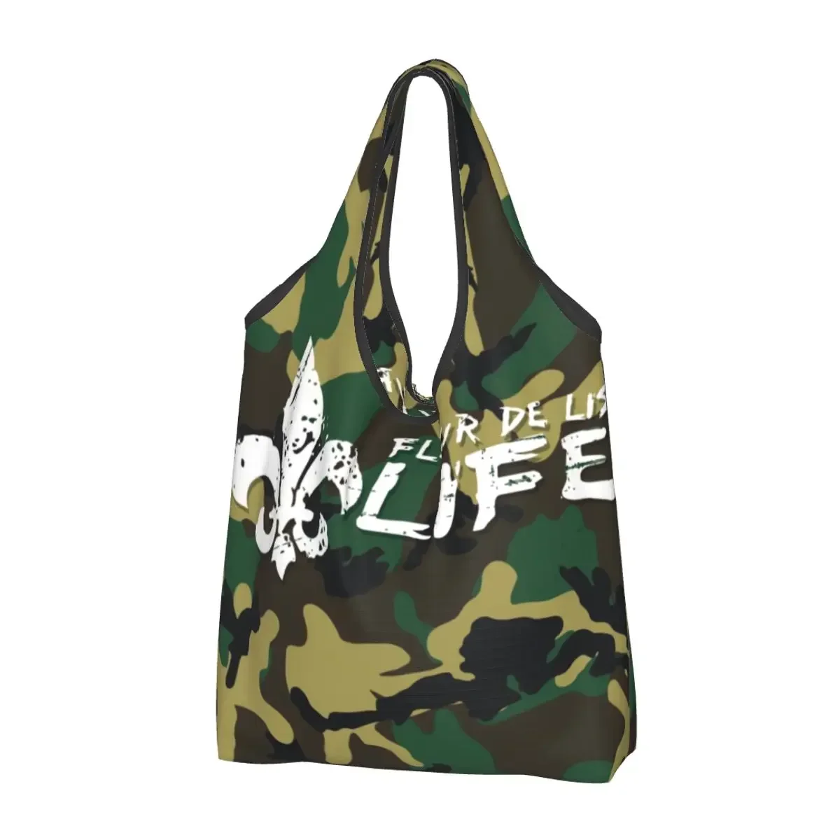 Fleur De Lis Life Camo Look Grocery Shopping Bags Kawaii Shopper Tote Shoulder Bag Portable Lily Floral Art Handbag