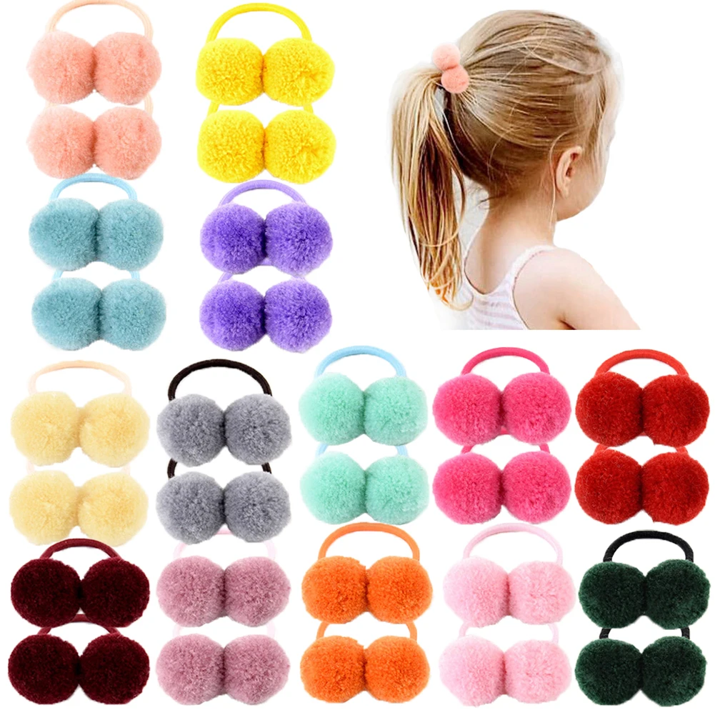 14 pcs/lot 1.4 "petite boule de fourrure Double solide avec corde élastique bandeau de cheveux fait à la main pour enfants filles accessoires de cheveux